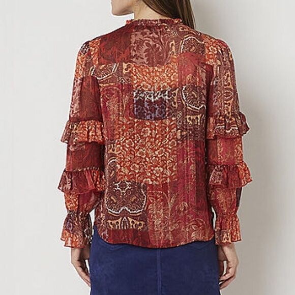 Frye Womens Tunic Top Patchwork Ruffled Long Sleeve Chiffon Peasant Boho Large - Picture 12 of 16
